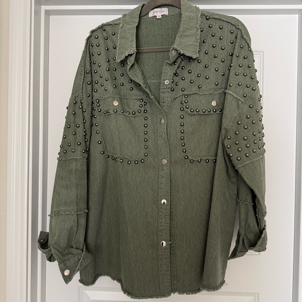 Studded Green Button Down Shirt, Size XL